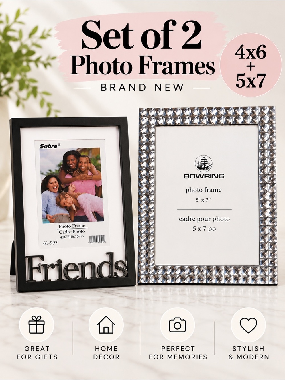NEW Set of 2 Photo Frames 4x6 5x7 Silver Black Friends Picture Frames